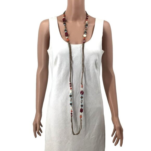 Flapper Length Necklace Red Blue Beaded Gold Tone Chain Brown Leather - Picture 1 of 3